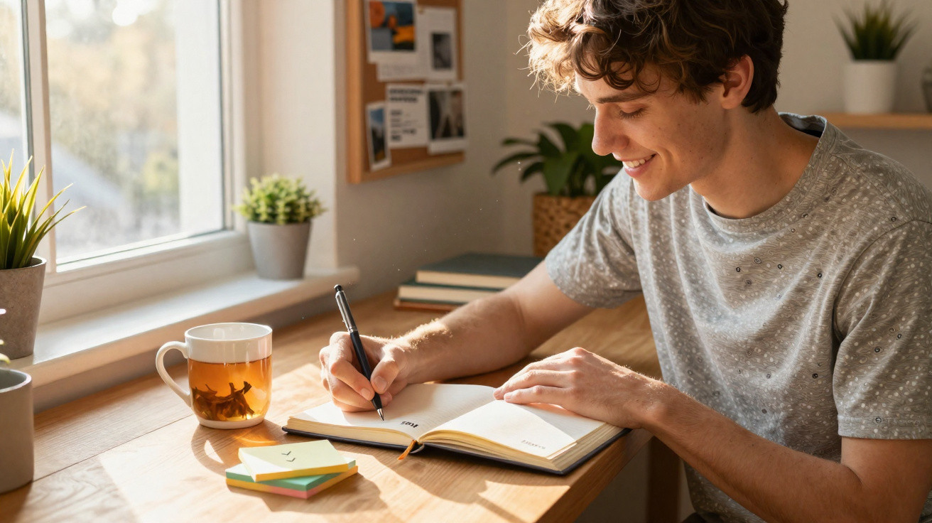 Homem sorridente a escrever num caderno numa mesa junto a uma janela com chá e plantas.