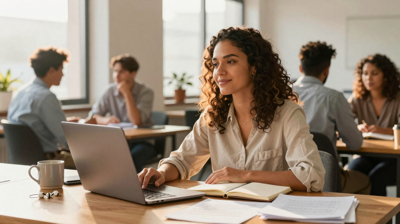 Mulher a trabalhar num portátil numa mesa de escritório com colegas a conversar ao fundo.