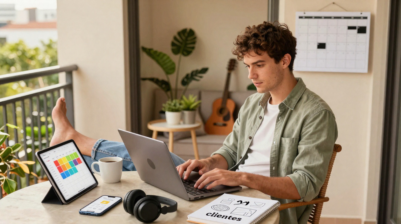 Jovem trabalha com laptop numa varanda, rodeado por tablet, telemóvel, caderno, auscultadores e caneca.