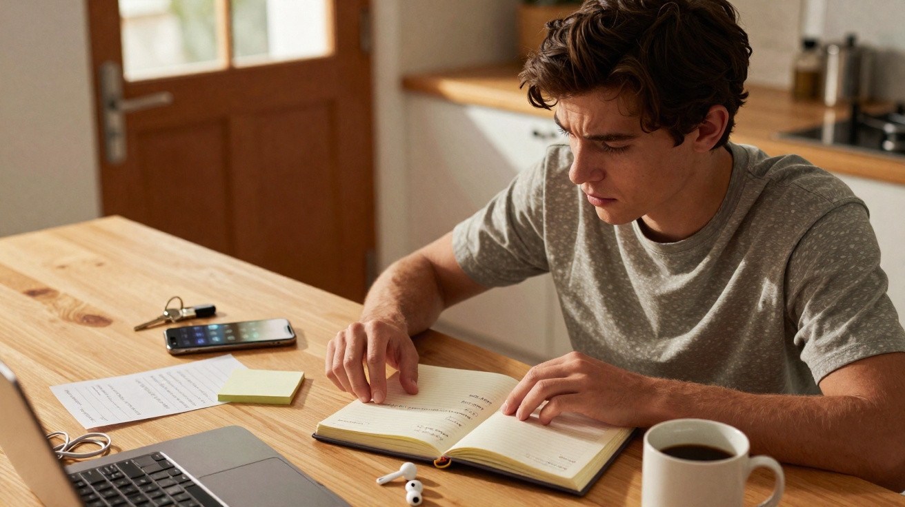 Jovem sentado a estudar num caderno com computador, telemóvel, caneta e café numa mesa de madeira.