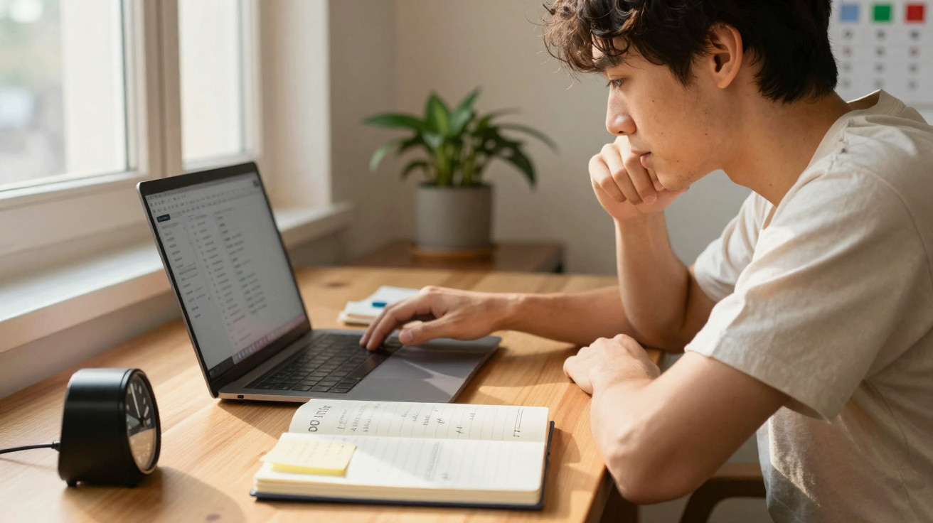 Homem jovem a trabalhar num computador portátil junto a uma janela, com caderno e relógio numa mesa de madeira.