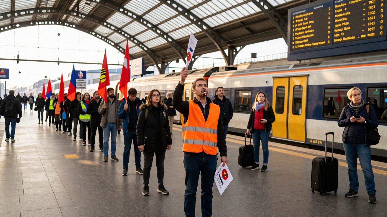 Manifestantes com coletes laranja, cartazes e bandeiras numa linha na plataforma de uma estação de comboios.