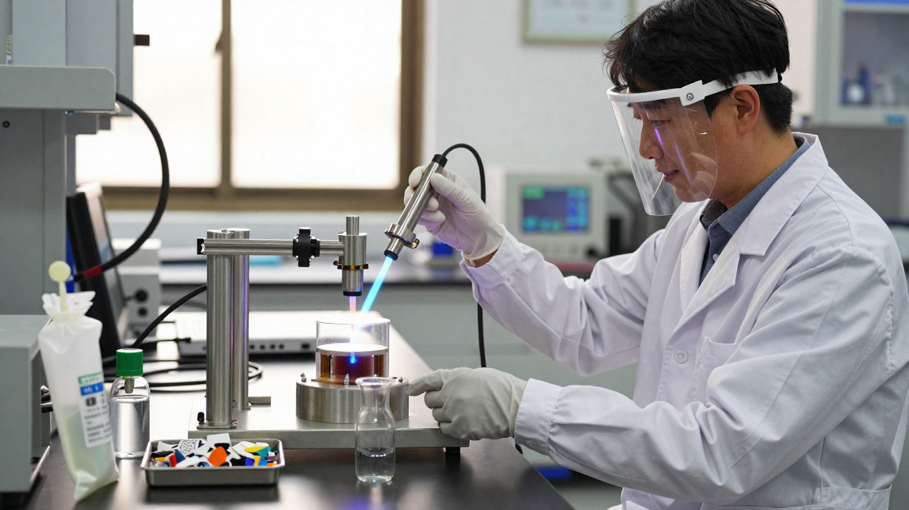 Cientista em laboratório a usar maçarico para aquecer líquido em recipiente de vidro.