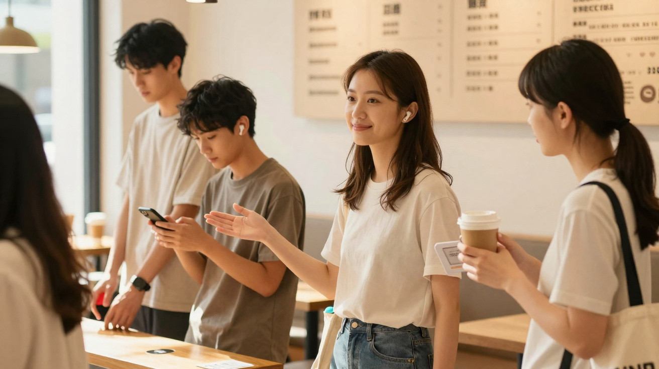 Grupo de jovens num café, alguns usando auscultadores e um a olhar para o telemóvel.