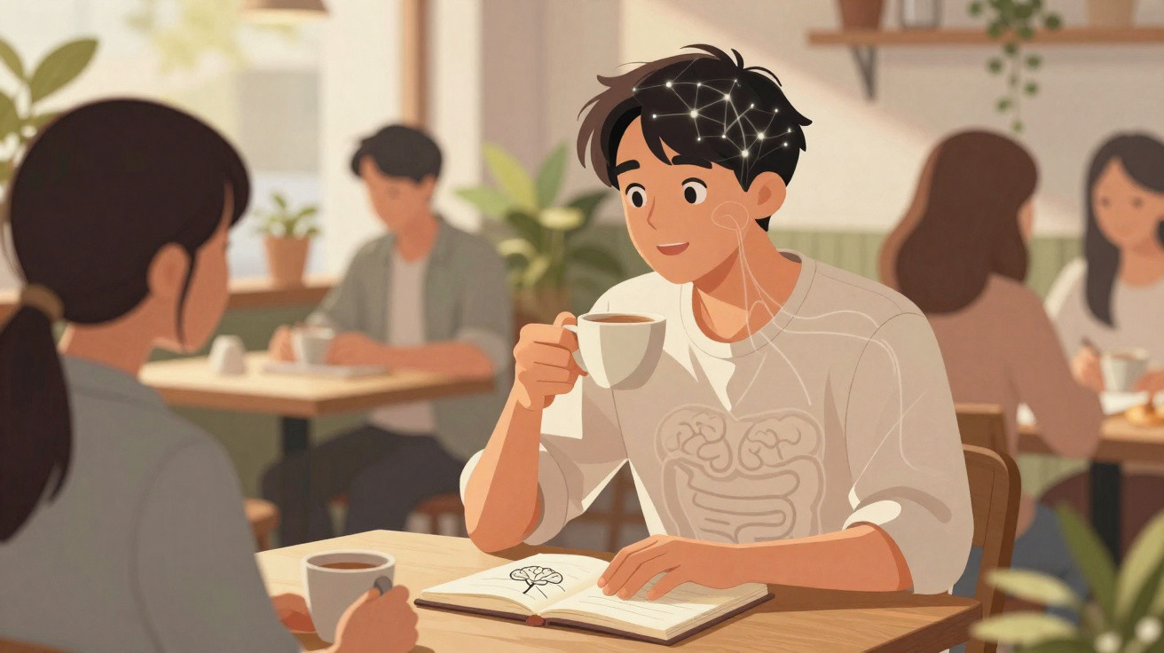 Pessoa sentada num café a beber chá e a ler um livro, com ilustrações do cérebro e sistema digestivo visíveis.
