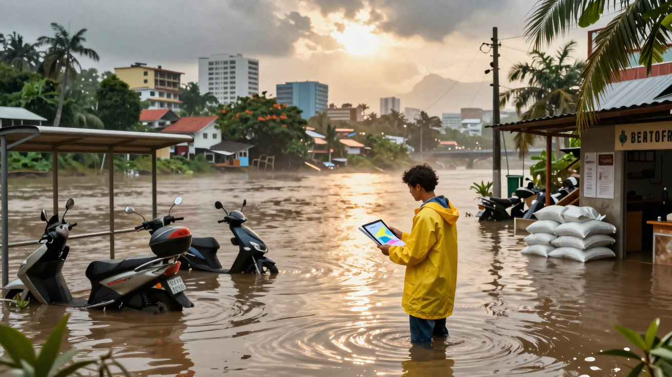Pessoa com impermeável amarelo usa tablet em rua inundada com motos submersas ao entardecer.
