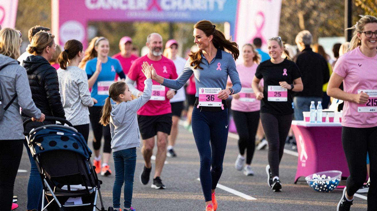 Mulher a dar um high five a menina durante corrida solidária contra o cancro com outros participantes ao fundo.