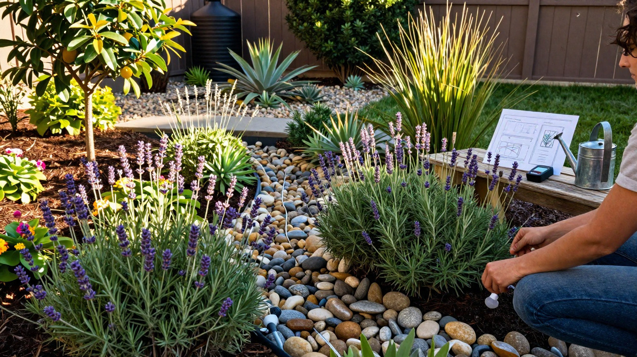 Jardim com plantas diversas, pedras decorativas e pessoa a cuidar das plantas num dia de sol.
