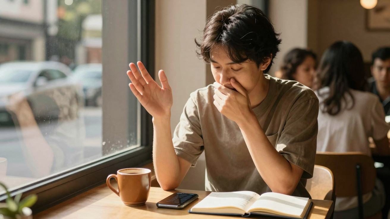 Jovem sentado à mesa com livro aberto, telemóvel e chá, segurando o nariz com expressão de mau cheiro.