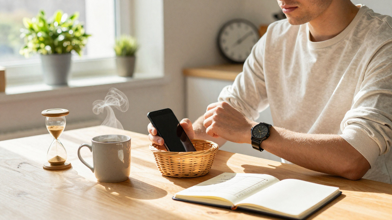 Homem sentado à mesa com smartphone, caderno aberto, chávena fumegante e ampulheta em madeira.