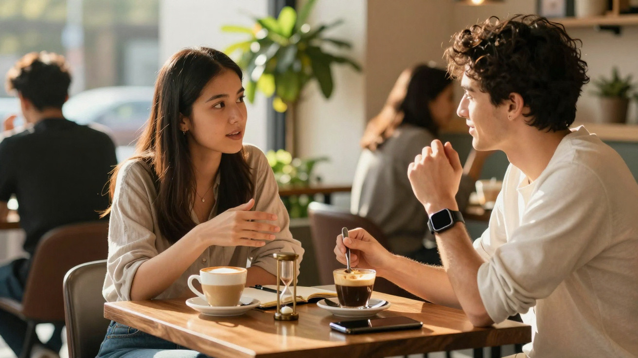Dois jovens conversam enquanto tomam café numa esplanada com ambiente acolhedor.