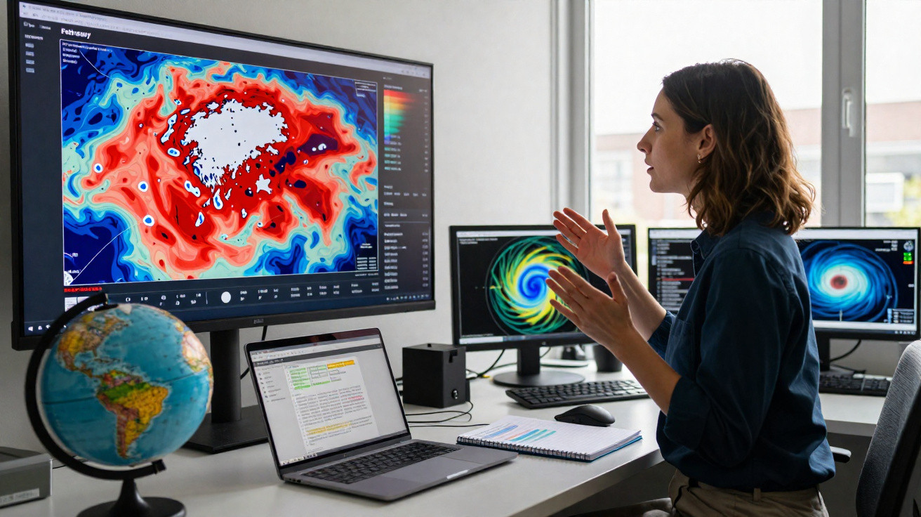Mulher analisa dados meteorológicos em vários ecrãs num escritório com um globo terrestre na secretária.