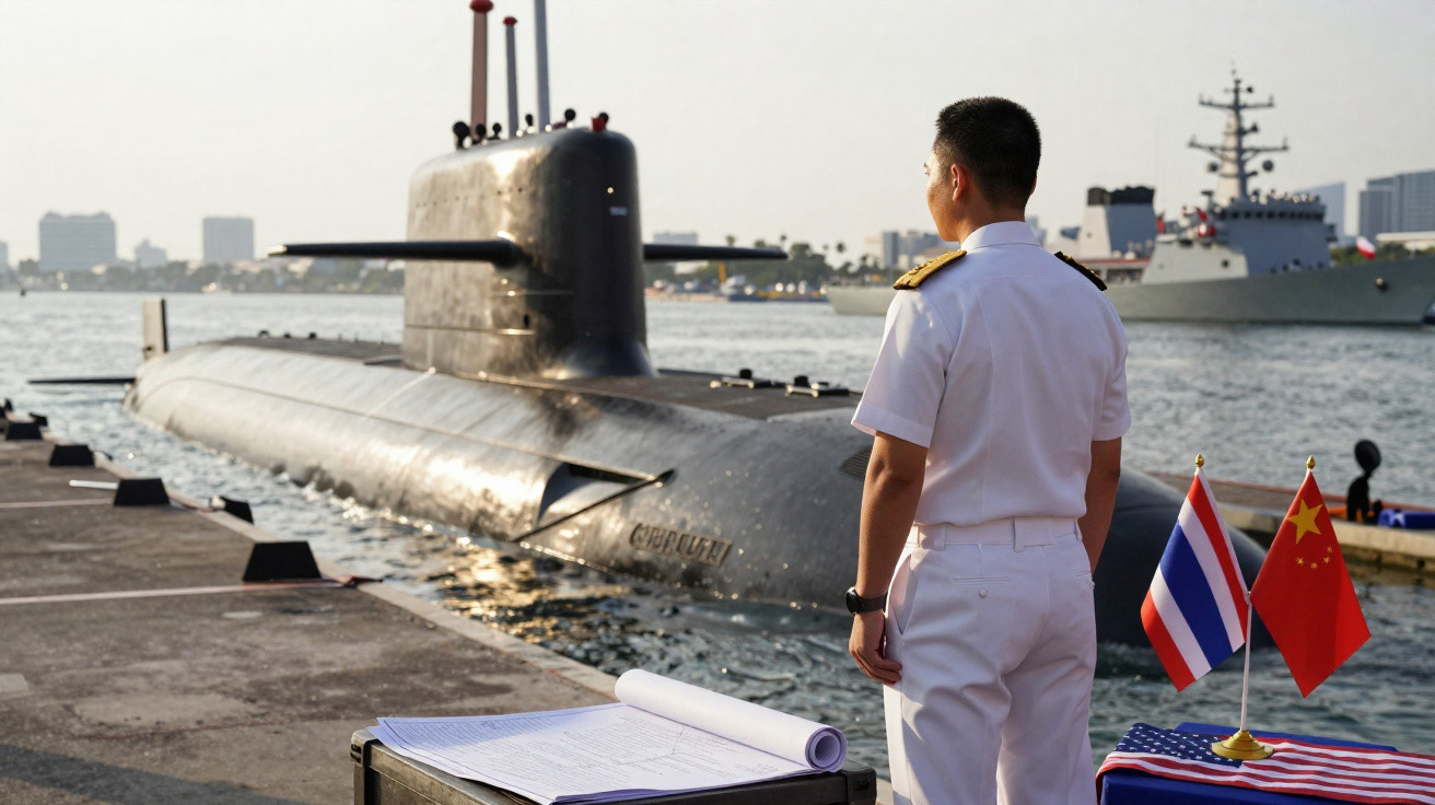 Oficial naval em uniforme branco observa submarino ancorado, com bandeiras da Tailândia e China ao lado.