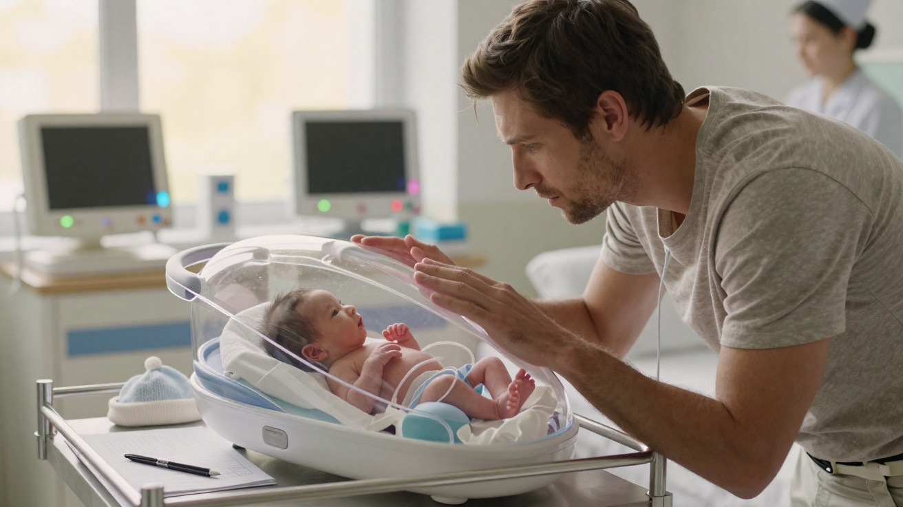 Homem observa atentamente bebé num berço hospitalar transparente num quarto de neonatologia.