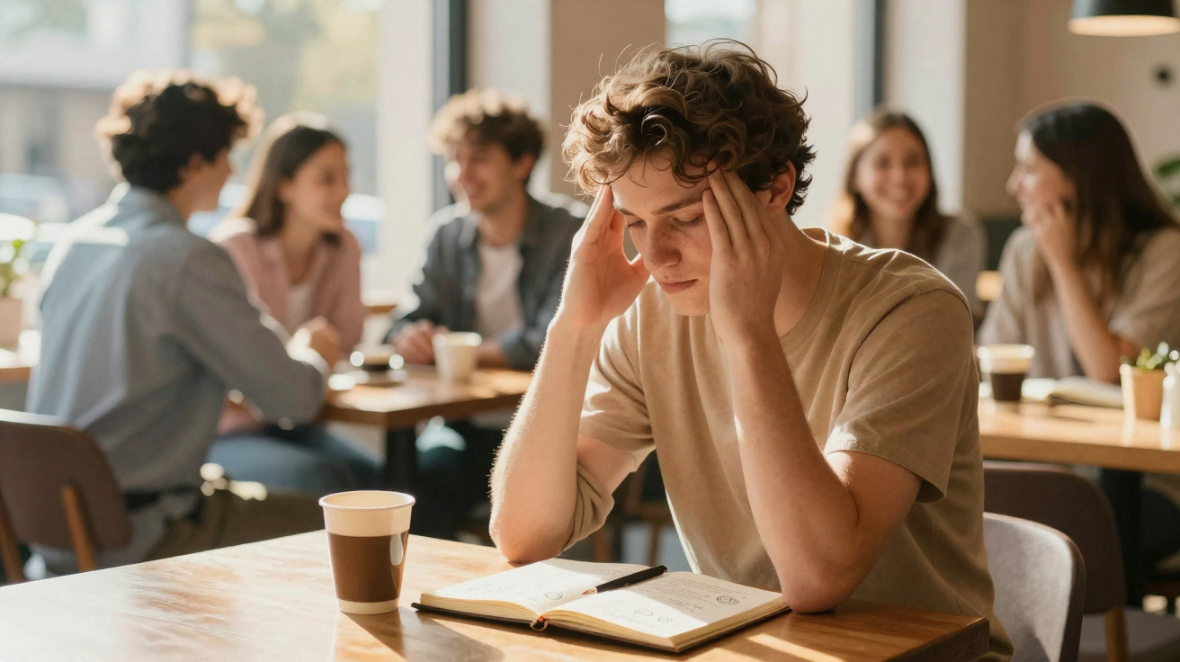 Jovem sentado à mesa com expressão preocupada, mãos na cabeça e livro aberto à sua frente.