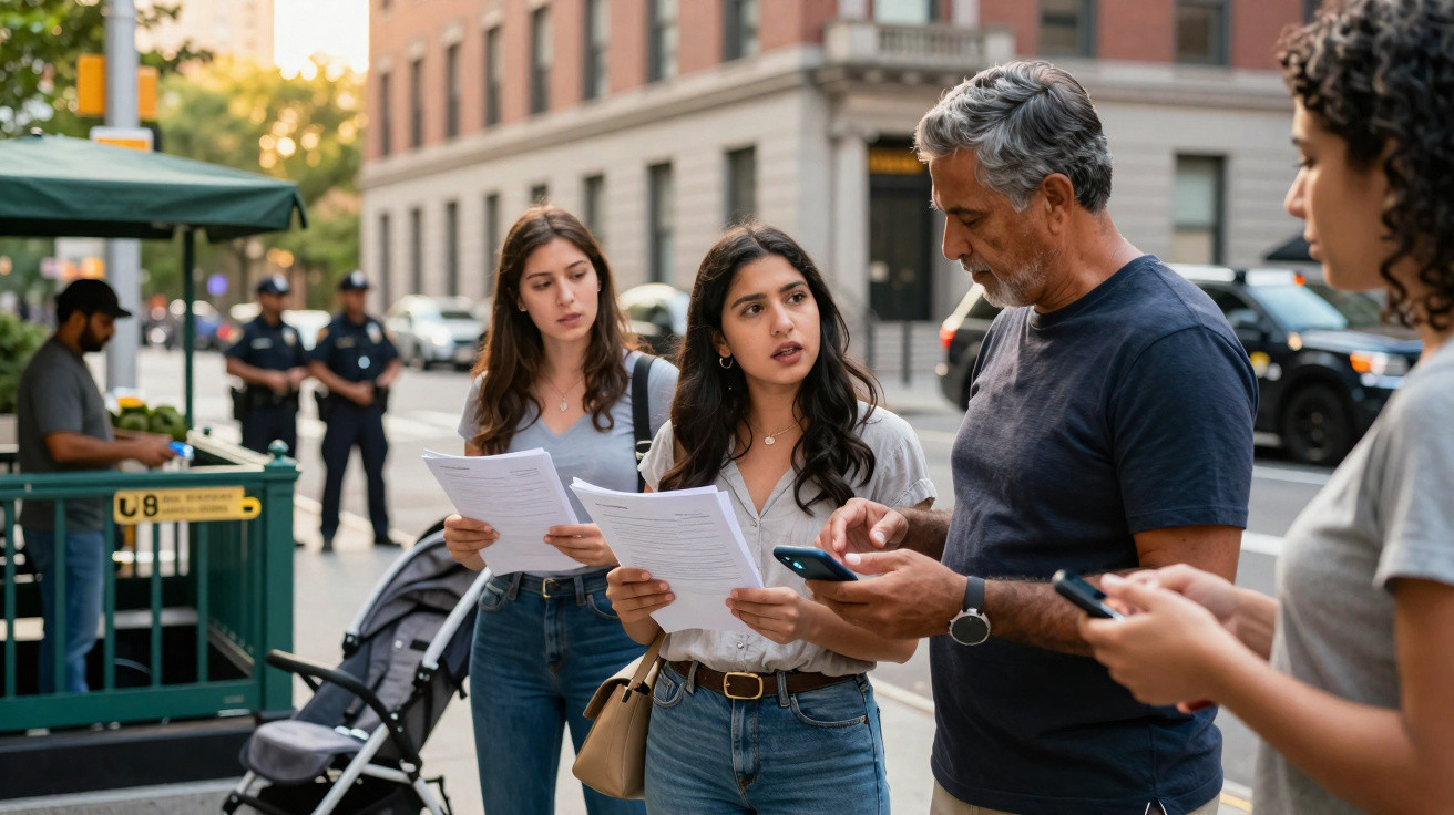 Grupo de pessoas na rua a olhar documentos e telefones com prédio urbano ao fundo.