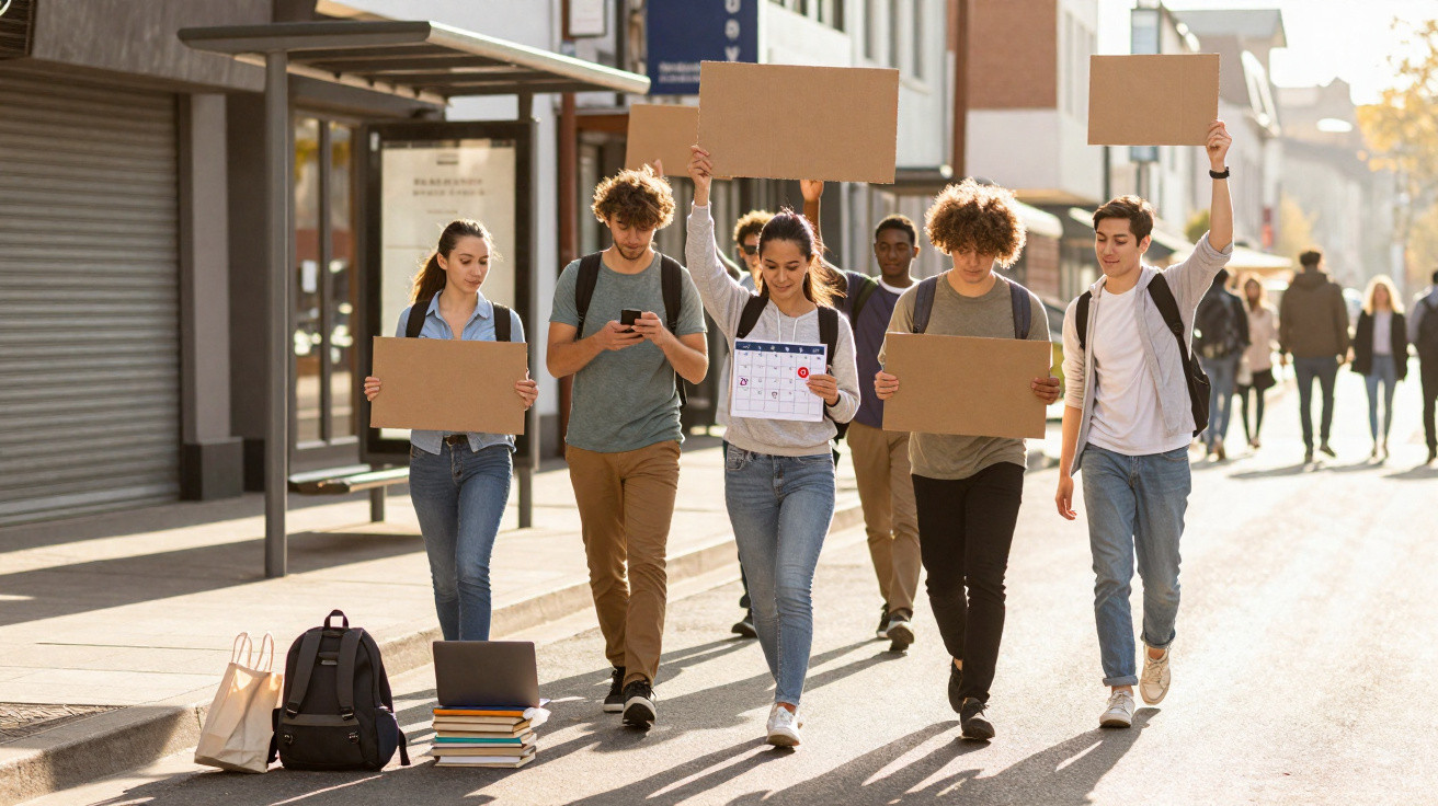 Jovens estudantes numa rua com cartazes em branco e uma agenda, participando numa manifestação pacífica.
