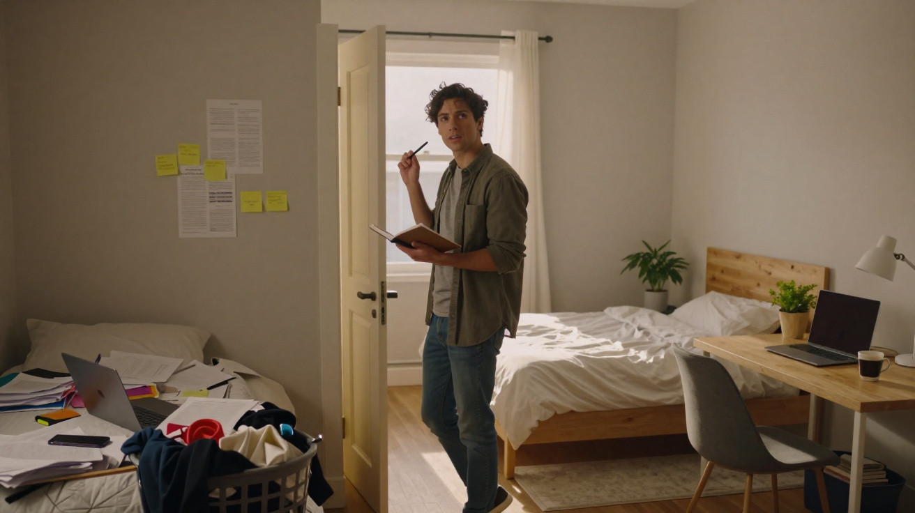 Homem em quarto com cama, secretária, roupa por arrumar e notas coladas na parede, a segurar caderno e caneta.