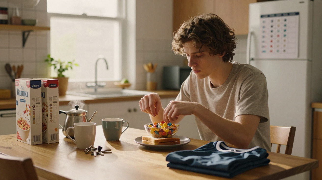 Homem jovem a tomar pequeno-almoço com cereais numa cozinha iluminada e organizada.