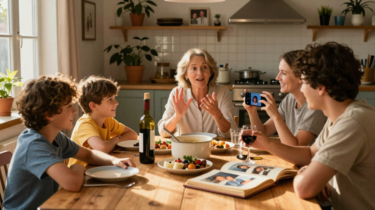 Família reunida à volta da mesa na cozinha, a conversar e ver fotos num telemóvel e num álbum.