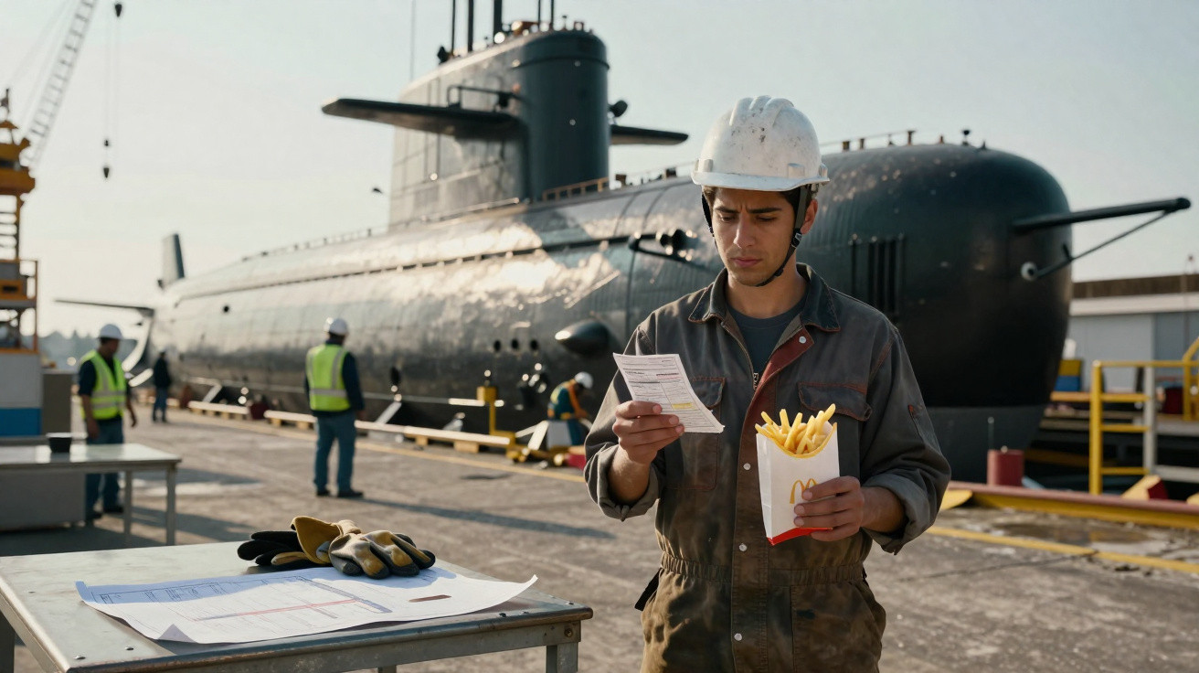 Trabalhador de capacete branco segura batatas fritas e lê documento perto de submarino em estaleiro naval.