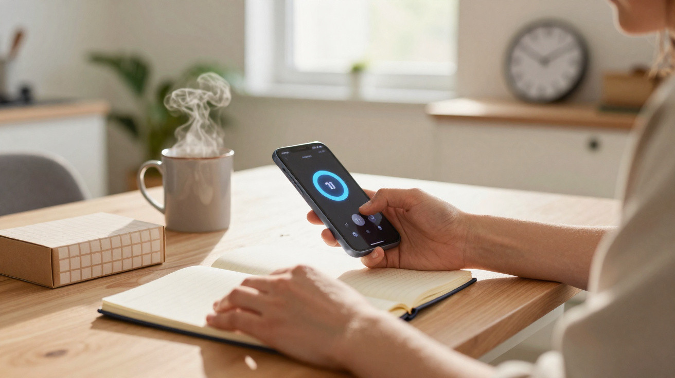 Pessoa a utilizar smartphone para controlar música enquanto lê num caderno, com chá fumegante numa mesa.