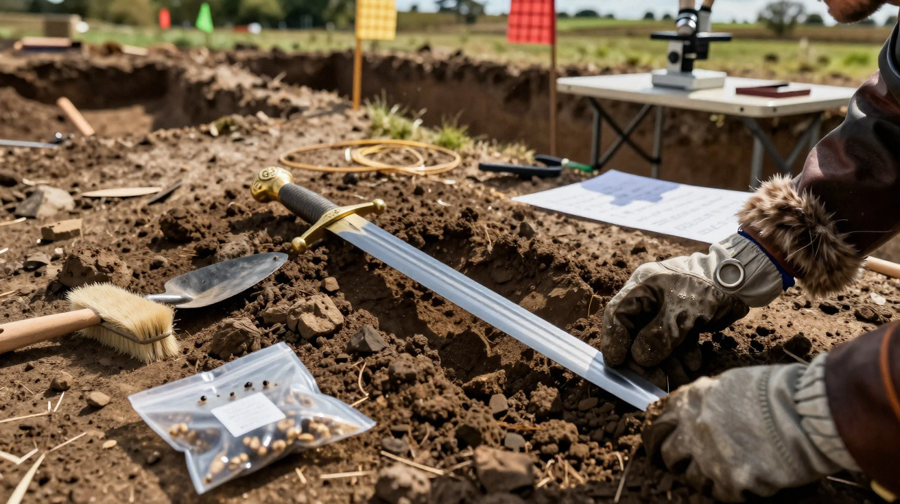 Escavação arqueológica com espada antiga exposta no solo e ferramentas ao redor.