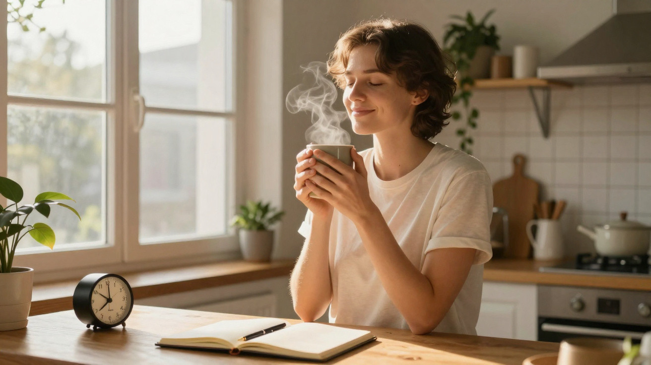 Mulher sentada na cozinha a disfrutar de uma bebida quente, com caderno e relógio na mesa.
