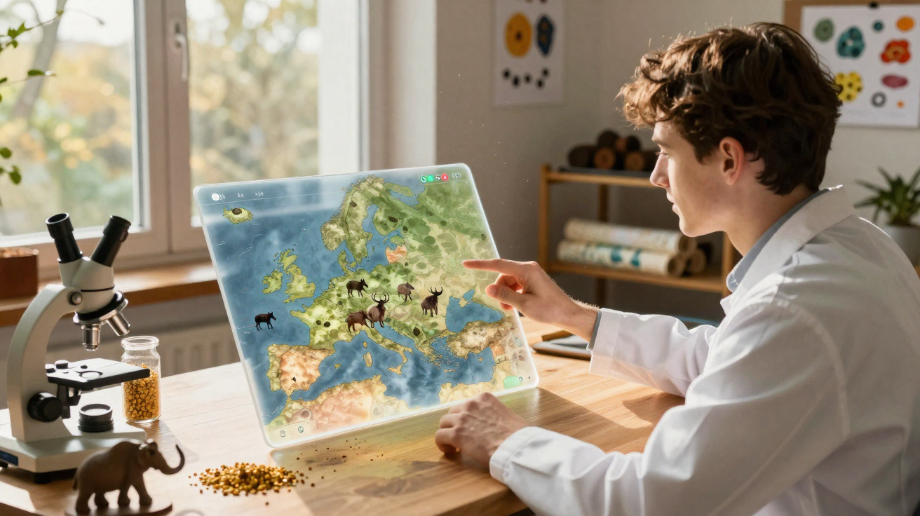 Jovem cientista interage com mapa digital da Europa em ambiente de laboratório luminoso e organizado.