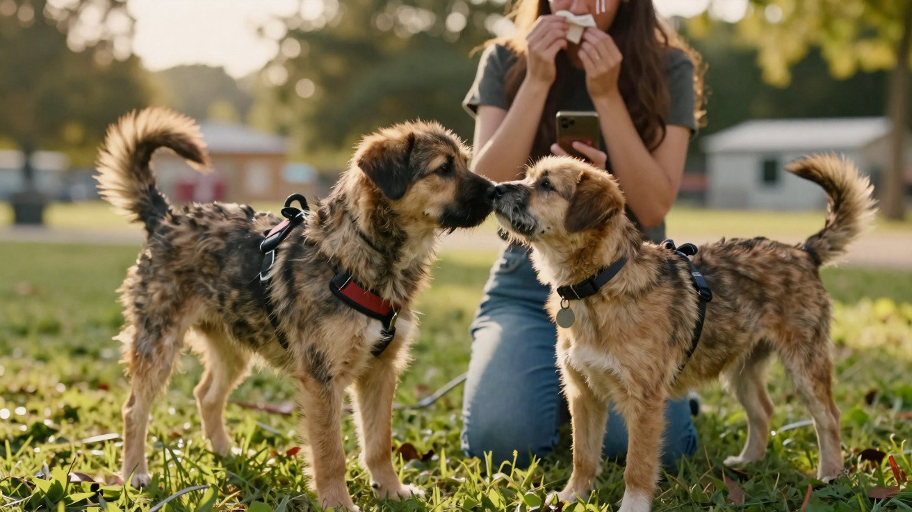 Dois cães castanhos de pelagem rija com coleiras a tocarem os focinhos num parque enquanto mulher observa.