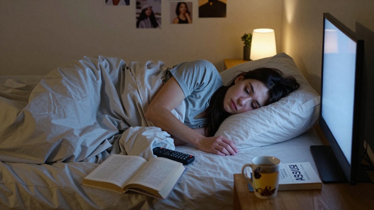 Mulher a dormir na cama com televisão ligada, livro aberto e chá na mesa de cabeceira à noite.