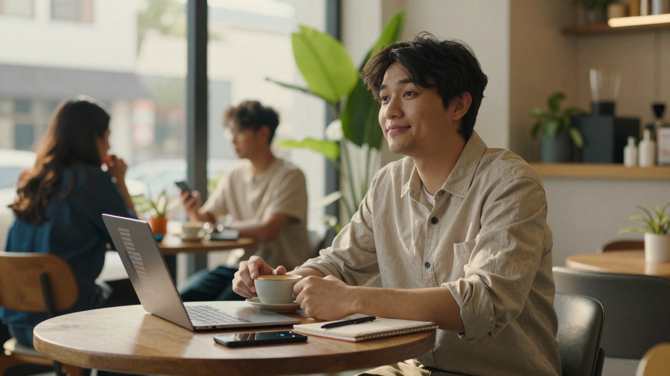 Jovem sentado num café com laptop, segurando chávenas de café, com outras duas pessoas ao fundo.