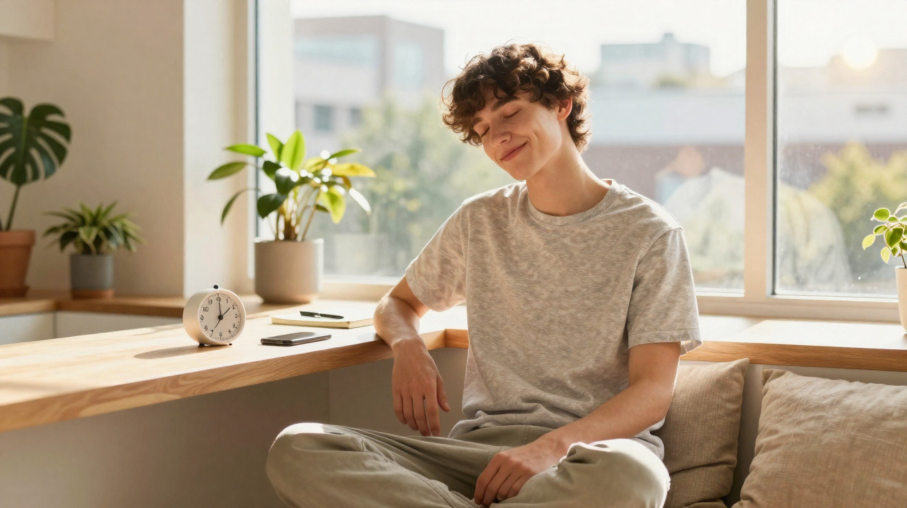 Jovem sentado confortavelmente junto a uma janela grande, rodeado de plantas, com expressão tranquila.