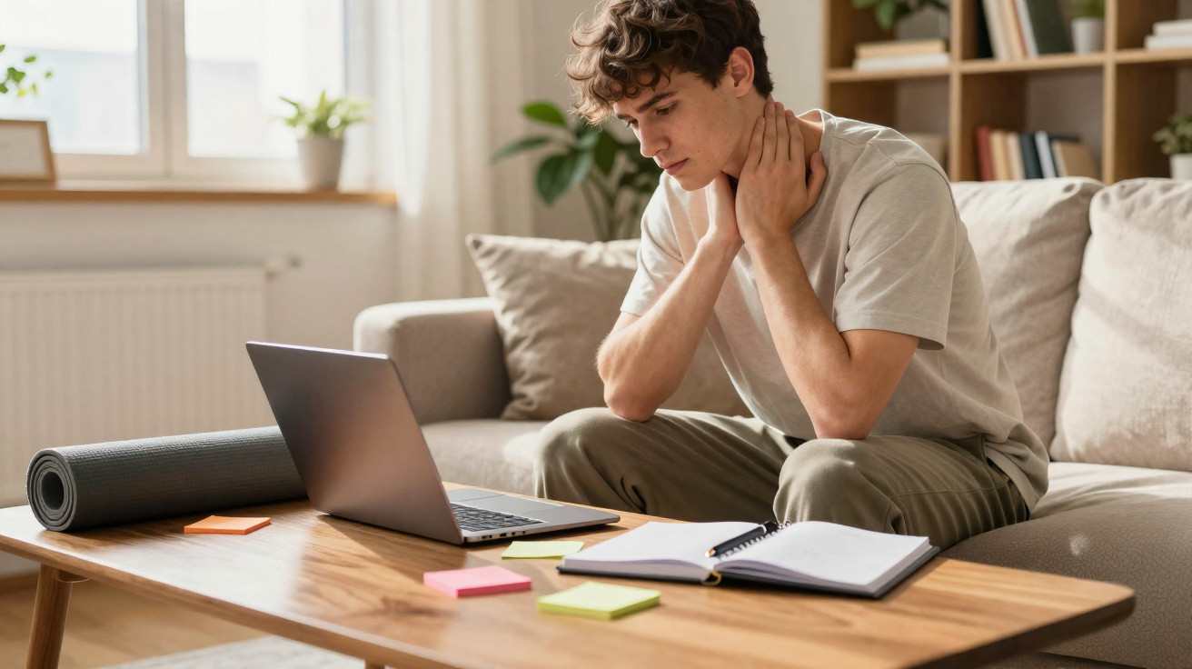Jovem sentado no sofá a estudar com computador portátil, caderno e notas adesivas numa sala bem iluminada.