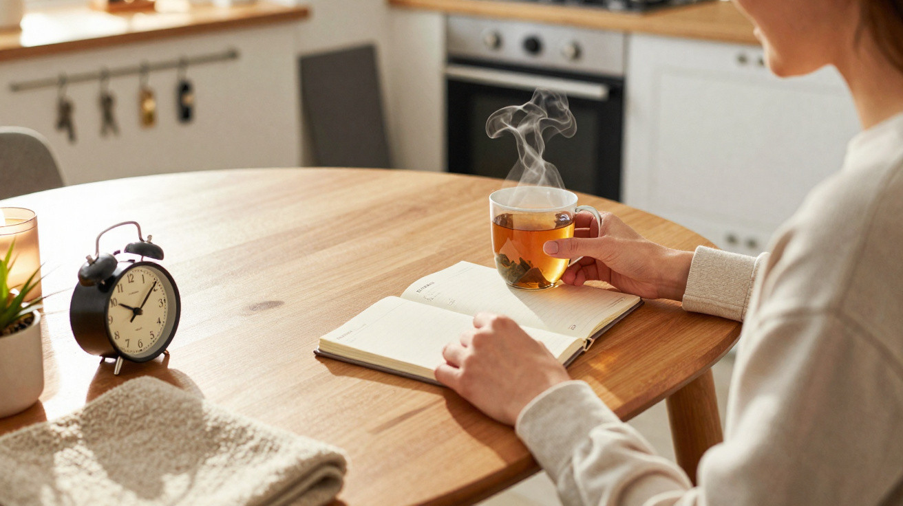 Pessoa a ler livro e a segurar chá quente numa cozinha com relógio despertador e toalha numa mesa de madeira.