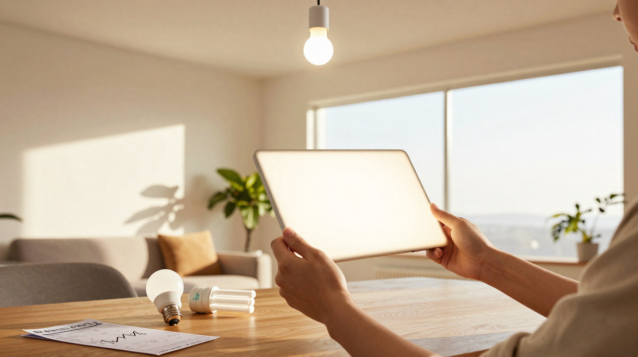 Pessoa segura painel LED perto de lâmpadas e gráfico numa mesa com sofá e plantas ao fundo, interior iluminado.