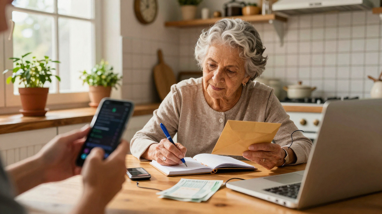 Idosa sentada à mesa, a escrever num caderno e a segurar uma carta, com laptop aberto e dinheiro à frente.
