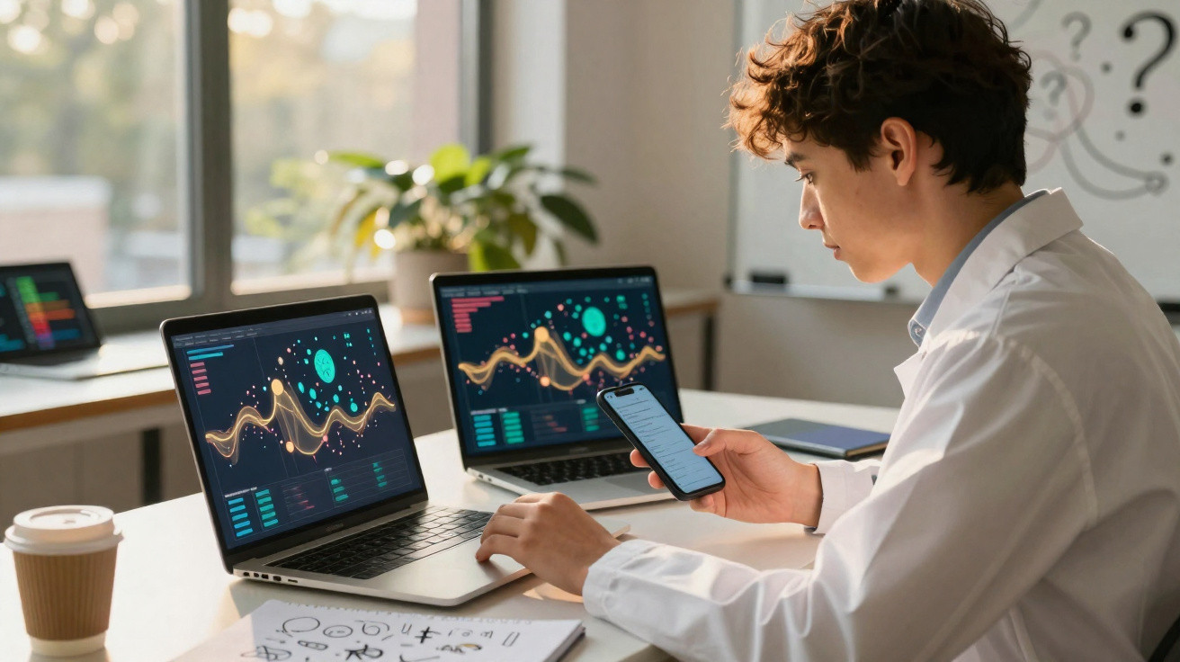 Jovem a analisar gráficos digitais em dois portáteis e a usar telemóvel num escritório luminoso.