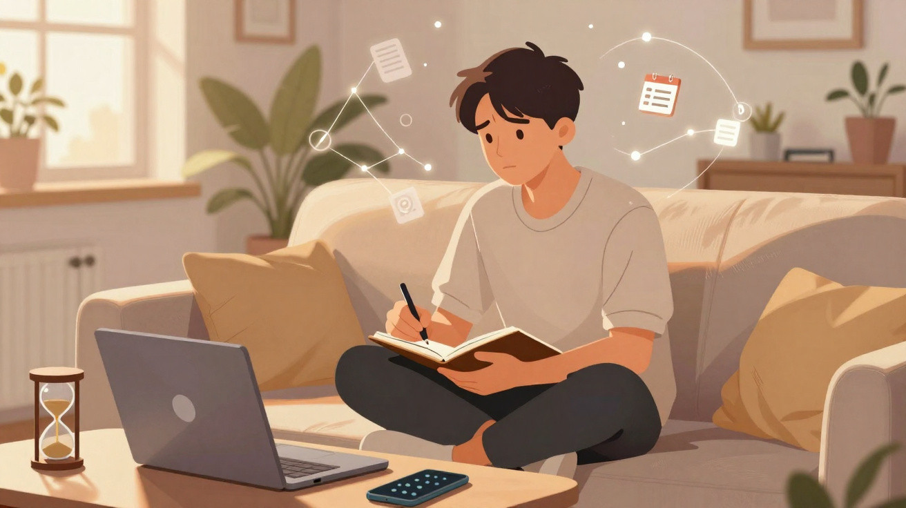 Jovem sentado no sofá a escrever num caderno, com laptop, relógio de areia e ícones de tarefas ao redor.