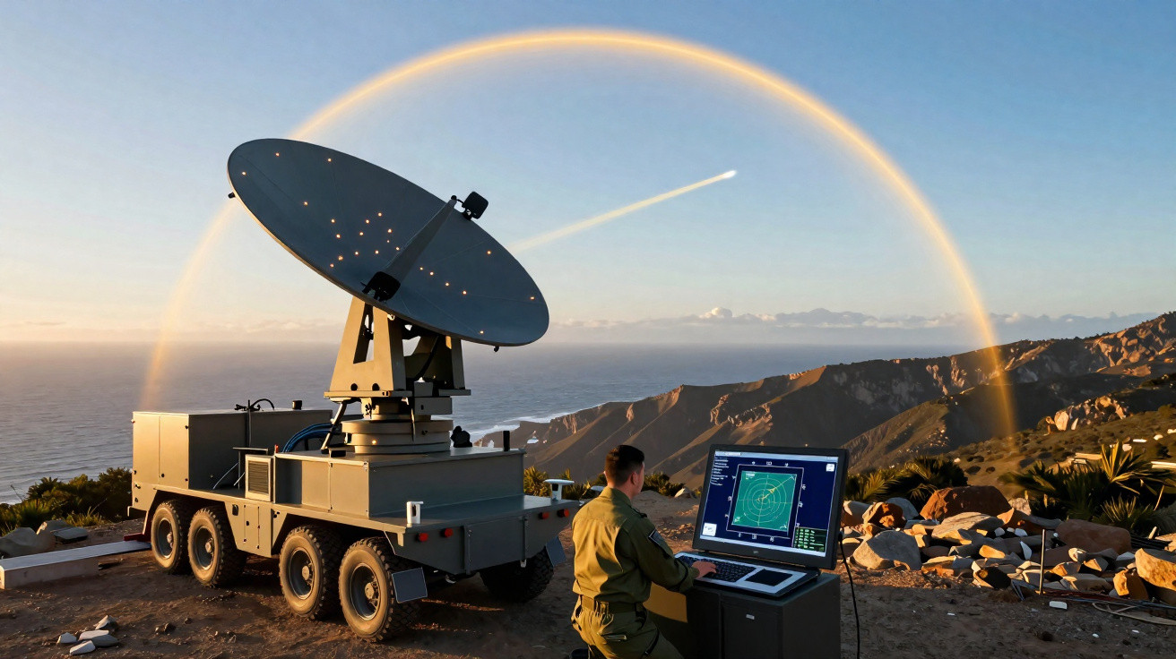 Soldado opera radar móvel em paisagem montanhosa com arco-íris e céu ao entardecer.