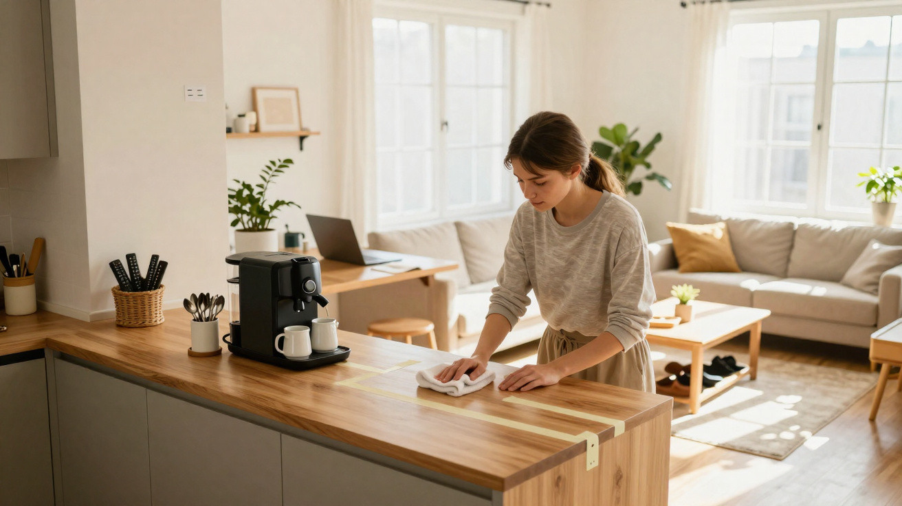 Mulher a limpar bancada de madeira numa cozinha luminosa com máquina de café e sala ao fundo.