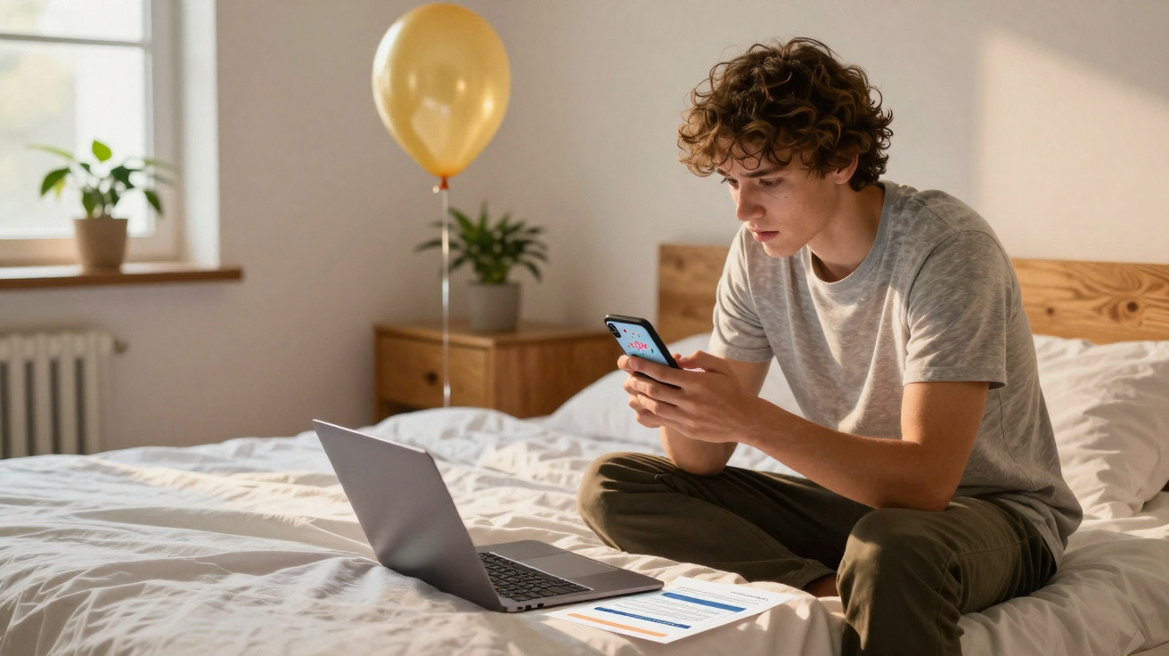 Jovem sentado na cama a usar telemóvel e computador portátil, com balão amarelo e plantas ao fundo.