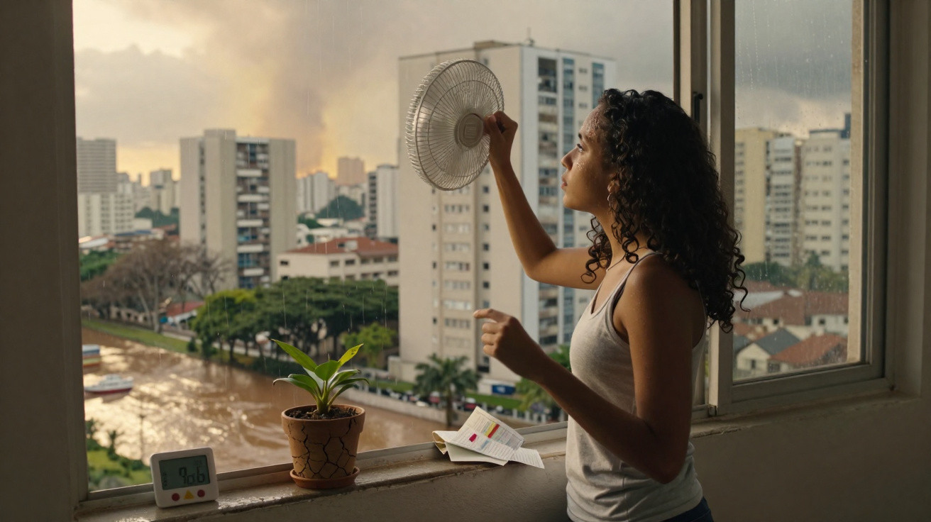 Mulher segura ventilador perto de janela aberta com vista urbana ao entardecer.