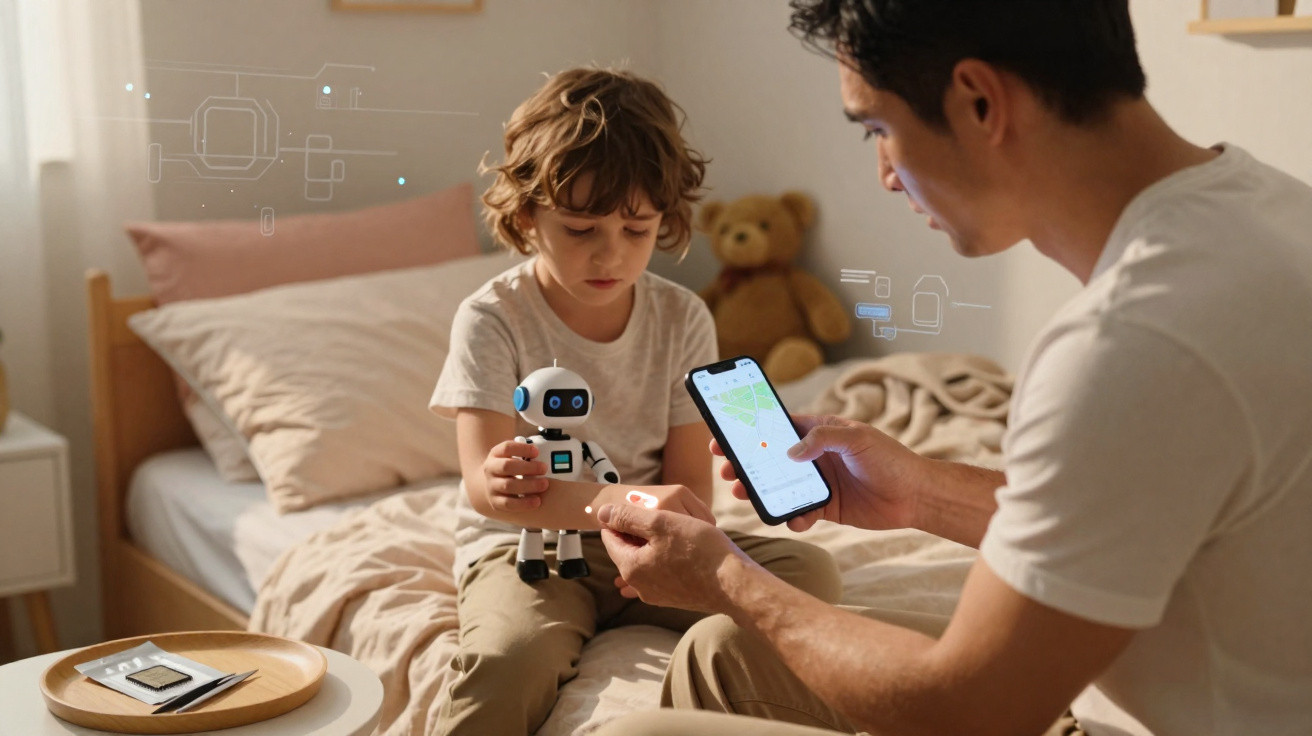 Homem tira leitura de glucose no braço de criança com dispositivo, ambos sentados numa cama, com robô e telefone.