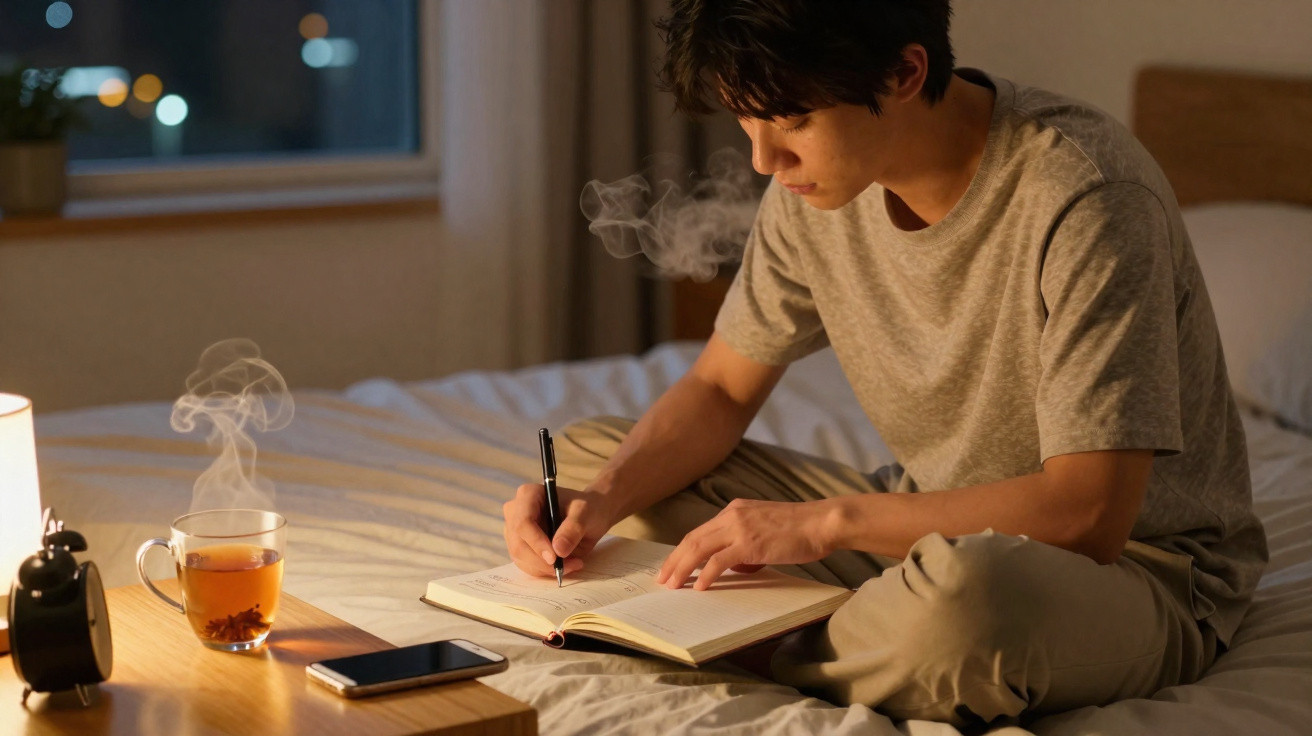 Jovem sentado na cama a escrever num caderno, com chá quente e telemóvel numa mesa ao lado à noite.