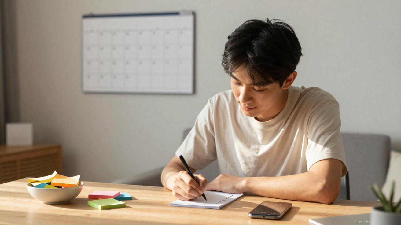 Jovem sentado à mesa, a escrever num caderno com caneta, com post-its e telemóvel à sua frente.