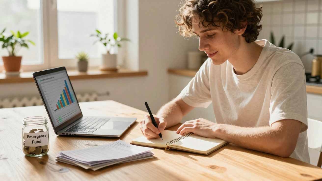 Joven a trabalhar em notas com computador aberto a gráfico e frasco com moedas etiquetado Fundo de Emergência numa mesa.