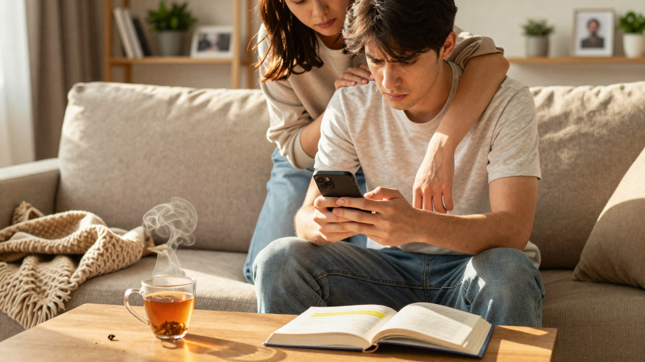 Jovem a usar telemóvel sentado no sofá, com uma mulher ao seu lado e chá fumegante numa mesa à frente.