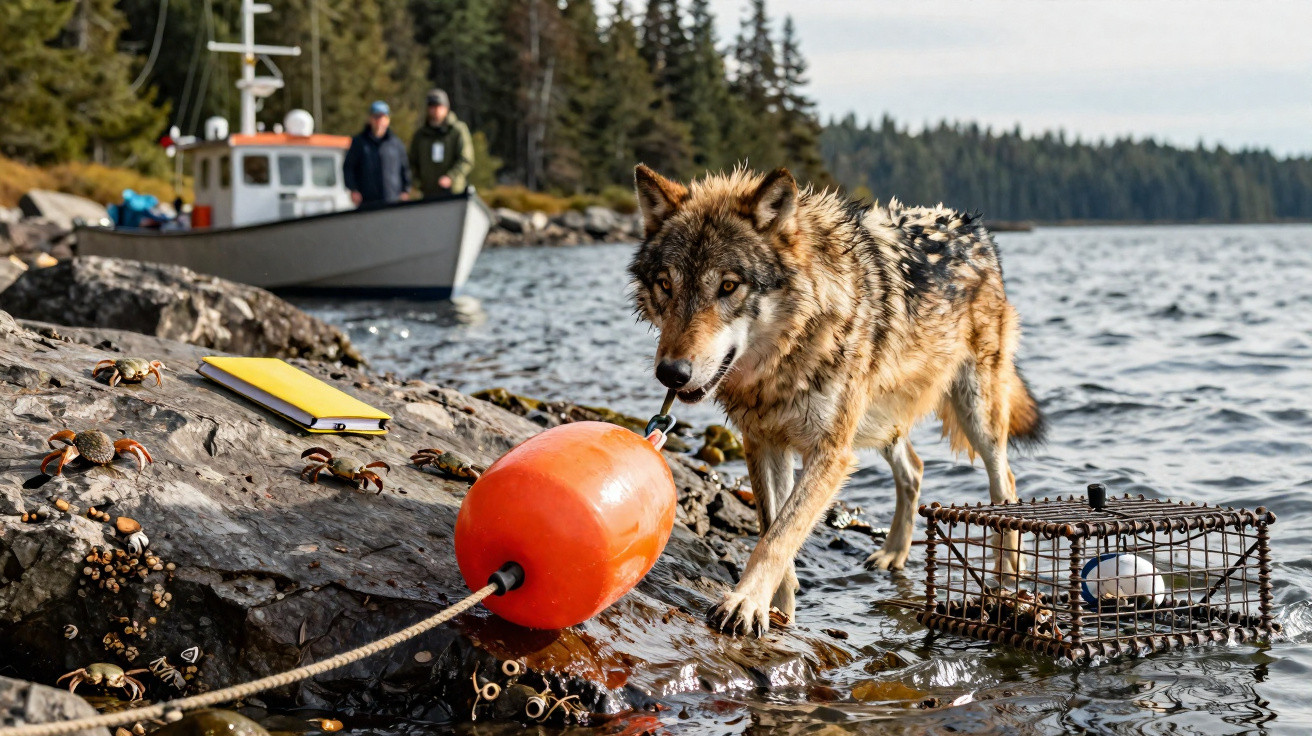 Lobo na água perto de bóia vermelha, armadilha de caranguejos e barco com dois homens ao fundo.