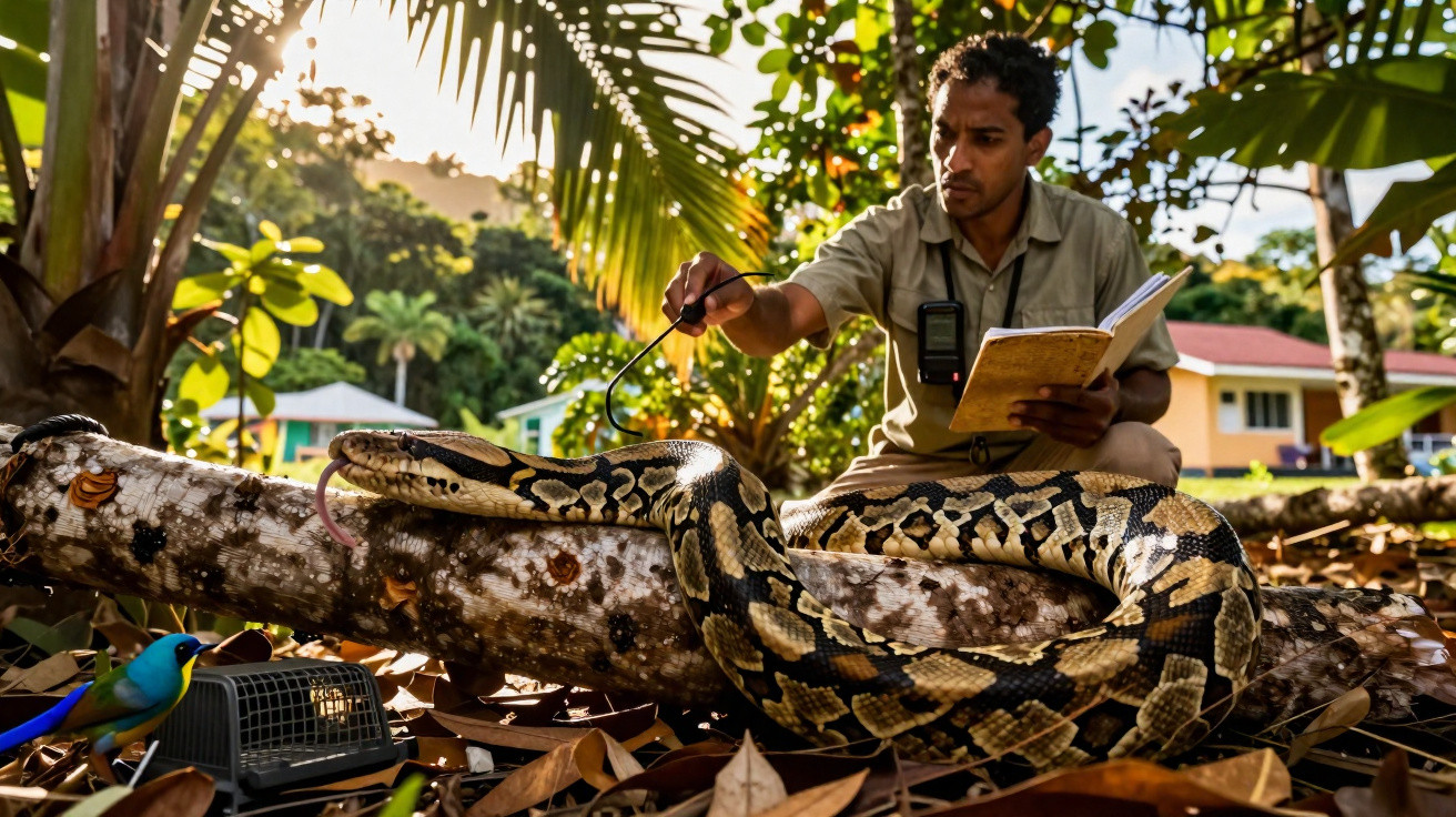 Homem a observar e medir uma grande píton enrolada num tronco numa floresta tropical.